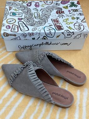 Jeffrey Campbell Taupe Suede Ruffle Pointed-Toe Mules (Anthropologie)